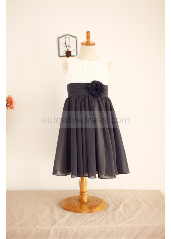 Ivory Gray Pleated Chiffon Two-tone Flower Girl Dress With Flower Sash Ivory Gray Pleated Chiffon Two-tone Flower Girl Dress With Flower Sash